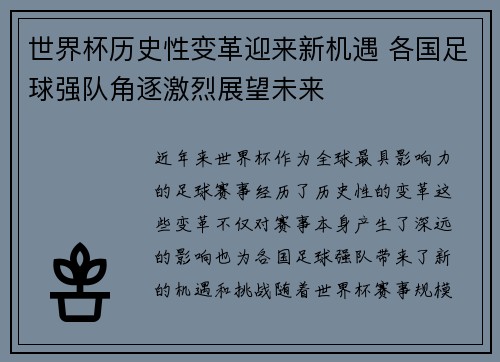 世界杯历史性变革迎来新机遇 各国足球强队角逐激烈展望未来