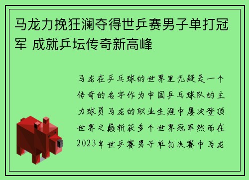 马龙力挽狂澜夺得世乒赛男子单打冠军 成就乒坛传奇新高峰