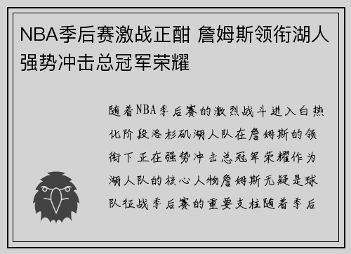 NBA季后赛激战正酣 詹姆斯领衔湖人强势冲击总冠军荣耀