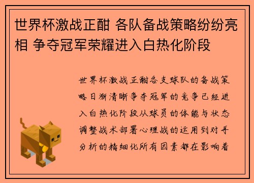 世界杯激战正酣 各队备战策略纷纷亮相 争夺冠军荣耀进入白热化阶段