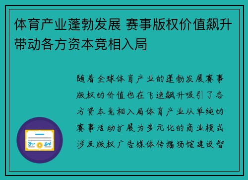 体育产业蓬勃发展 赛事版权价值飙升带动各方资本竞相入局